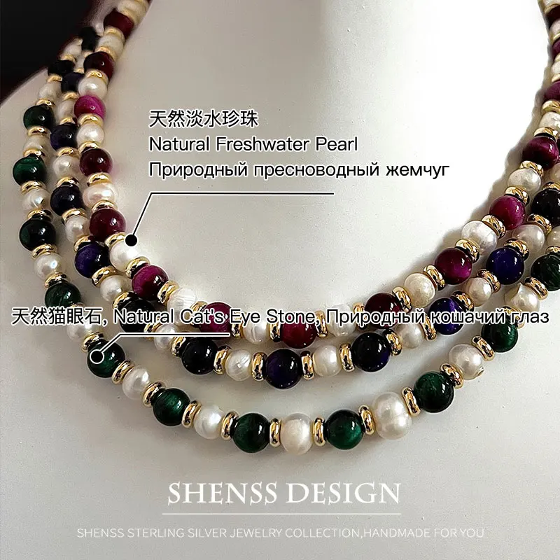 Natural Freshwater Pearls Necklace with Cat\'s Eye Stone Copper Plated 14K Gold Accessories