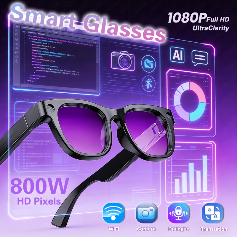 

2026 AI Smart Glasses 800W HD Camera 1080P Video Real-Time Translation AI Object Recognition Voice Assistant Music Smart Glasses