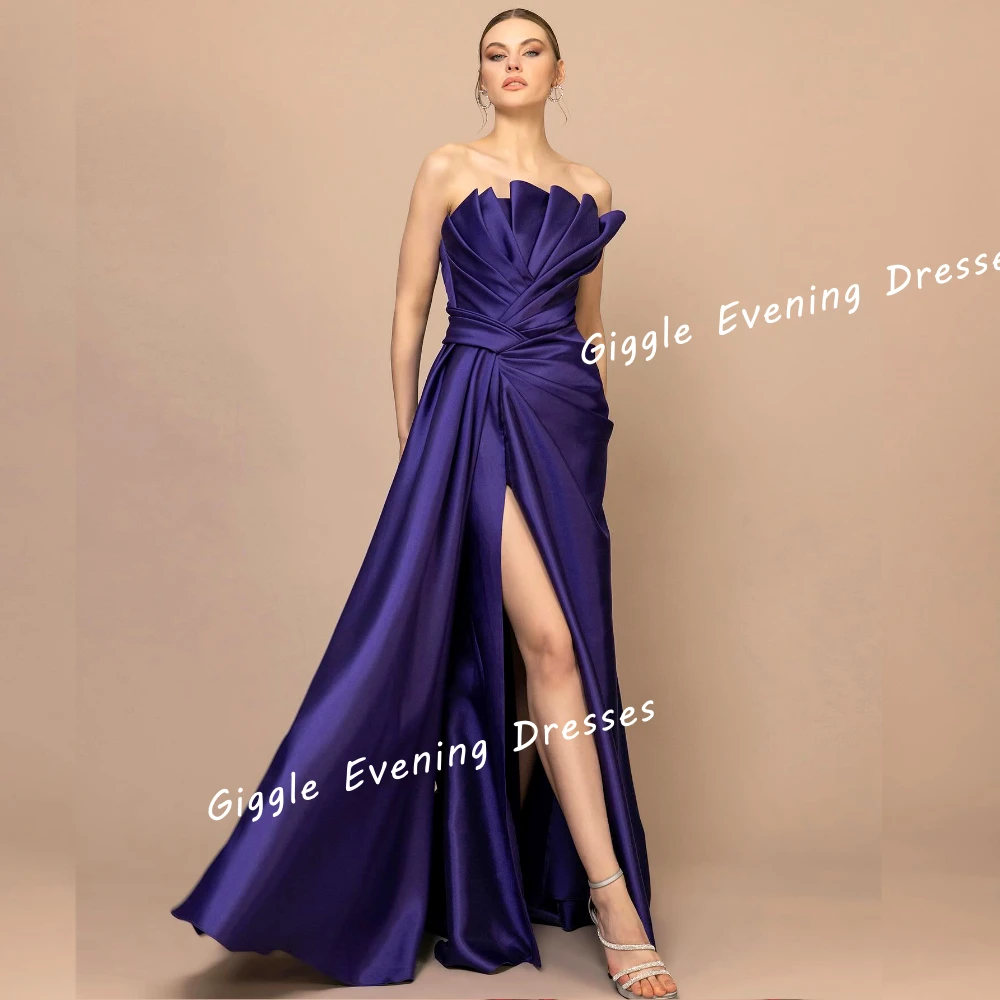 

Giggle Satin Strapless Pleating A-Line Elegance Prom Gown Saudi Arab Slit Floor-Length Evening Party Dresses for Women 2024