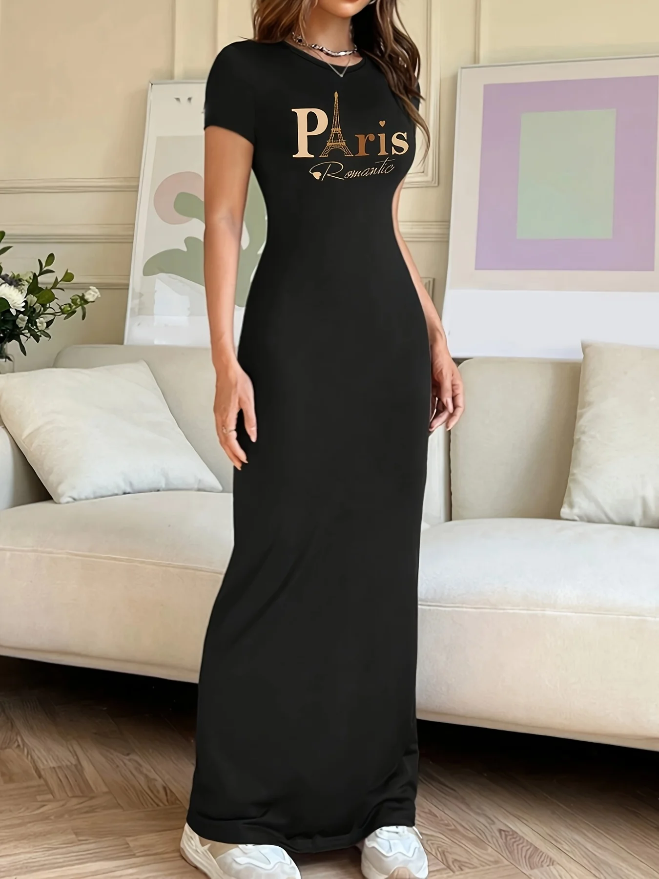 여름 여성 슬림핏 탄성 흑백 라운드 넥 반팔 티셔츠 드레스 롱 드레스 여성 의류