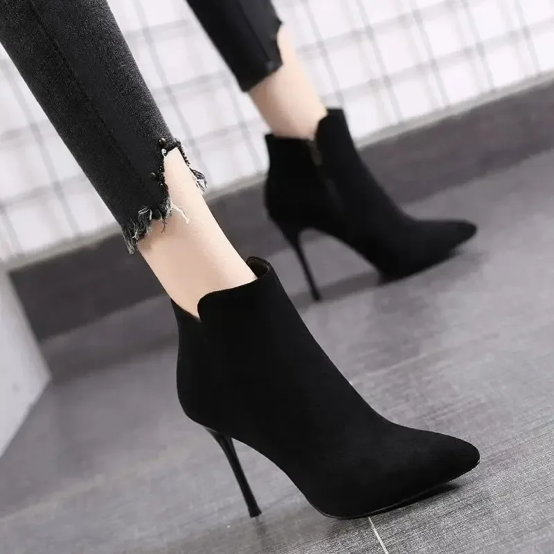 Short Boots Women 2023 Autumn/Winter High Heel Shoes Sexy Black Stiletto Pointed Toe Side Zipper Botines Casual Botas De Mujer