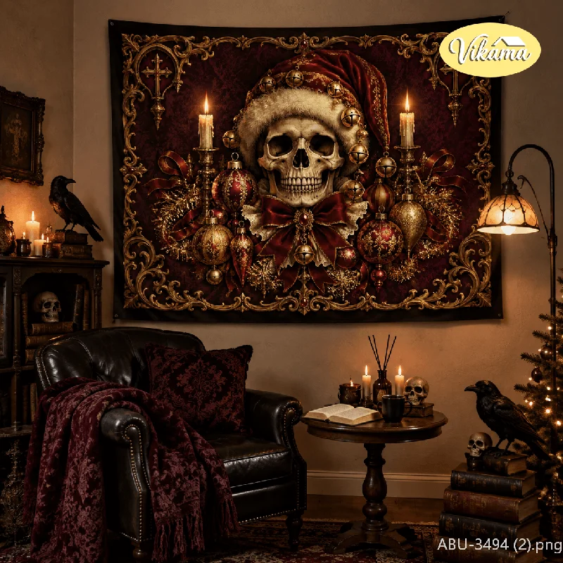 VIKAMA Gothic Christmas Pirate Skull Tapestry, Vintage Hat Background Cloth, Living Room Party Wall Decor