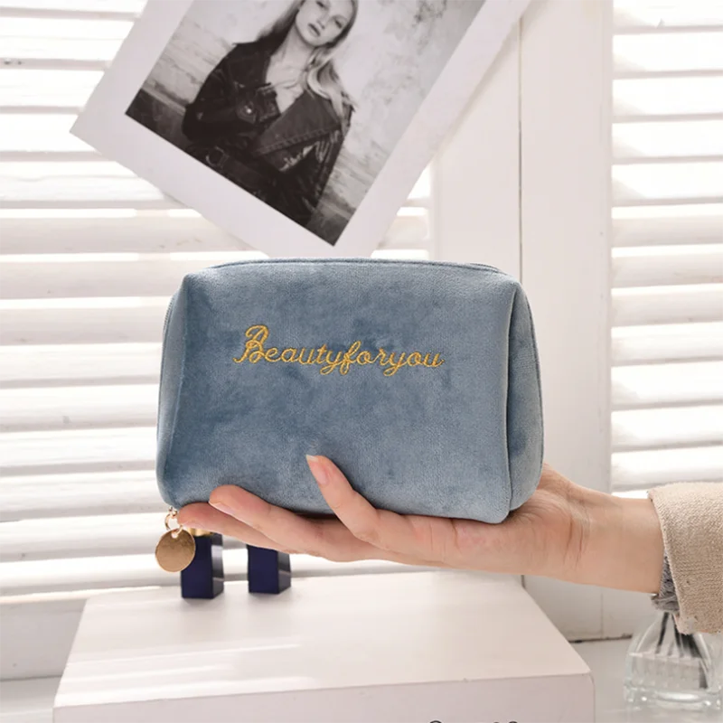 Velvet Women Cosmetic Bag Travel Zipper Large Toiletry Bag for Makeup Solid Color Letter Print Female Beauty Make Up Case Pouch