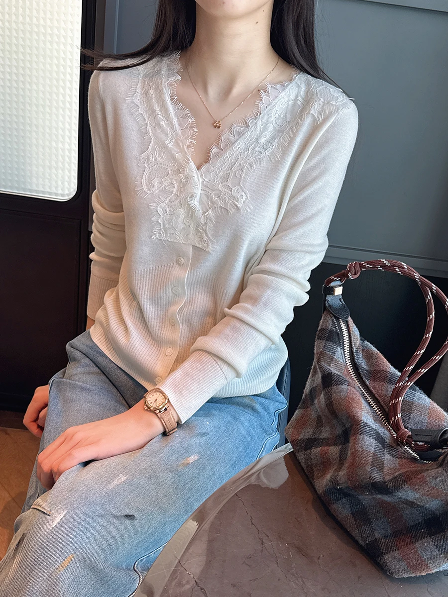 

Вязаный шерстяной кардиган Ele V-Ne с кружевной отделкой, приталенный, с длинными рукавами, весенняя мода для женщин