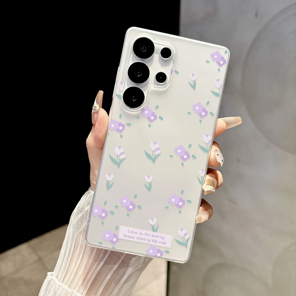 Matte White Clear Phone Case for Samsung Galaxy S26 S25 Ultra S24 FE A57 5G A07 A06 A15 4G Cases Purple Flower Tulip Protection
