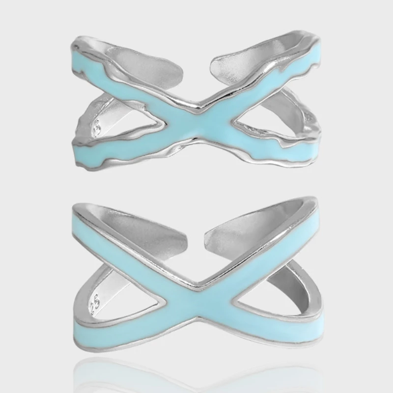 Hollow Double Layer Design Rings Blue Droplet Glaze Fashion Jewelry S925 Sterling Silver Resizable Ring for Women Party Gift805#