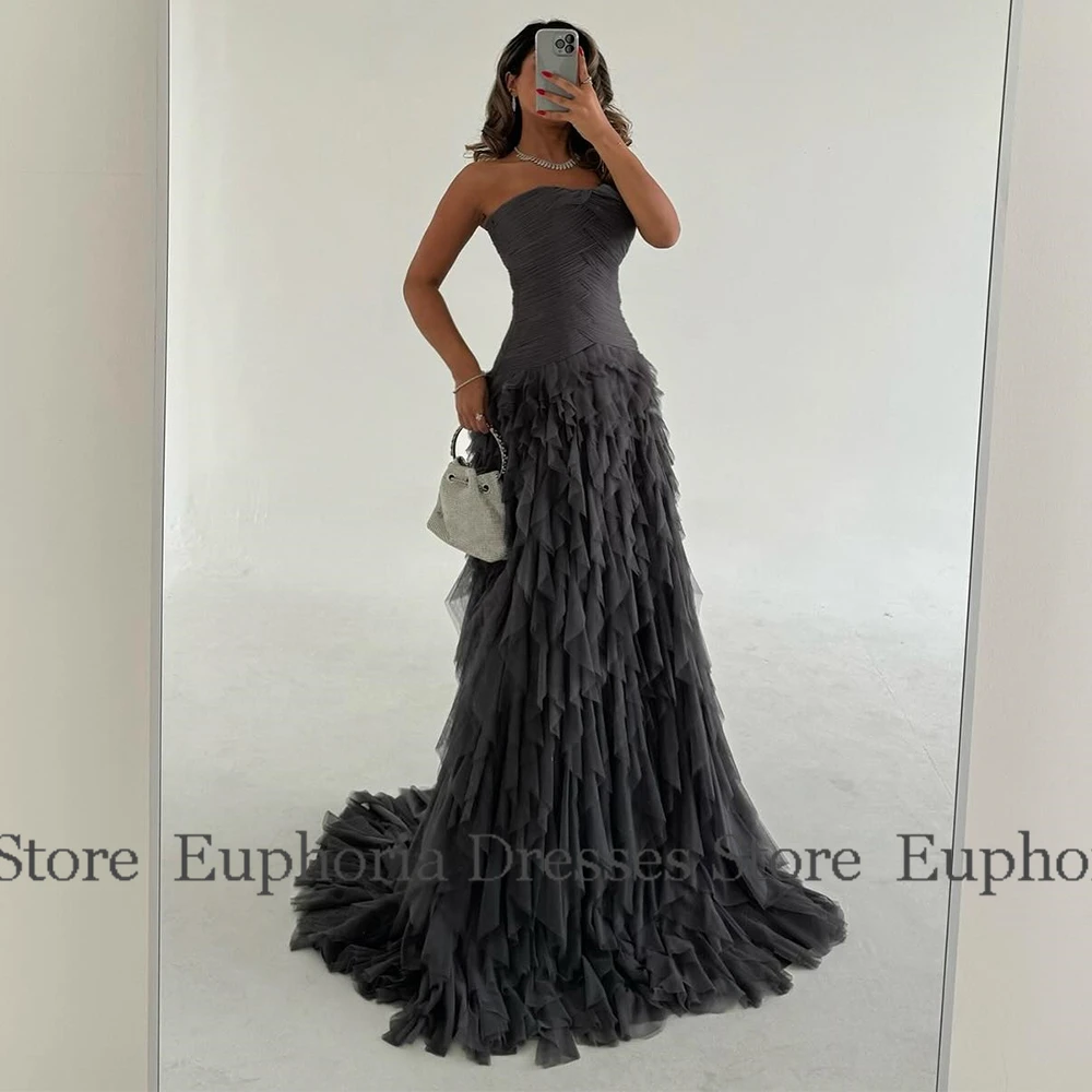 Robes de fête d'anniversaire exquises, robe de bal trapèze en Tulle, grise, sans bretelles, plissée, volants à plusieurs niveaux, robe de soirée longue pour femmes, 2025
