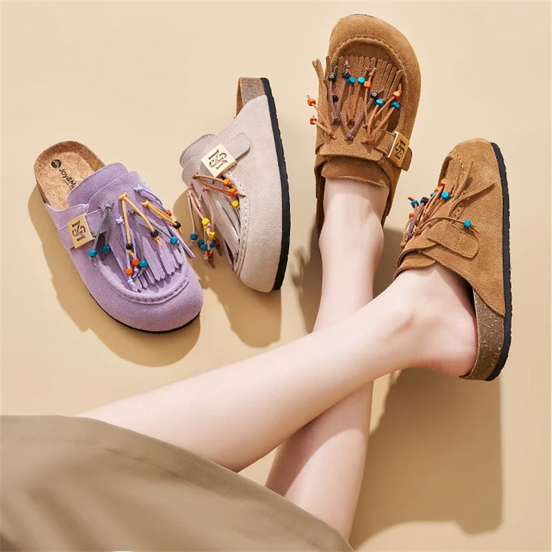 

Женские шлепанцы J&M 2026: ретро-мюли из кожи и замши, летние сандалии в стиле бохо, пляжные шлепанцы, повседневная дышащая обувь, модные мюли на пробковой подошве