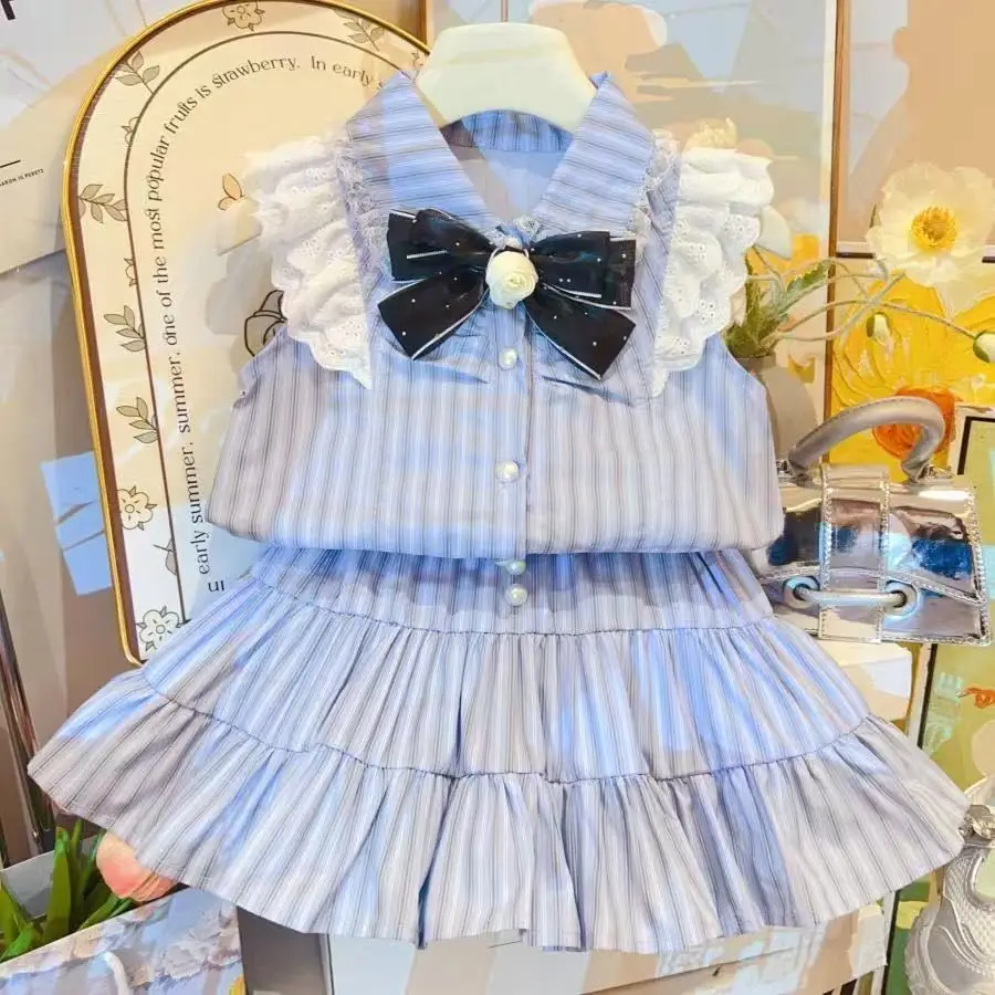 

2026 New Summer 2-9Y Girls 2 Piece Set Princess Style Short Sleeve Striped Shirt & Skirt Out for 90-150cm