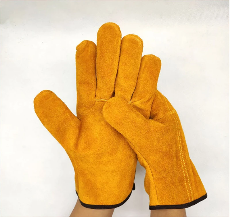 1 Pair Leather Fireproof Gloves Yellow Durable Anti-Heat Insulation Work Safety Gloves For Camping Welding Metal Hand Tools