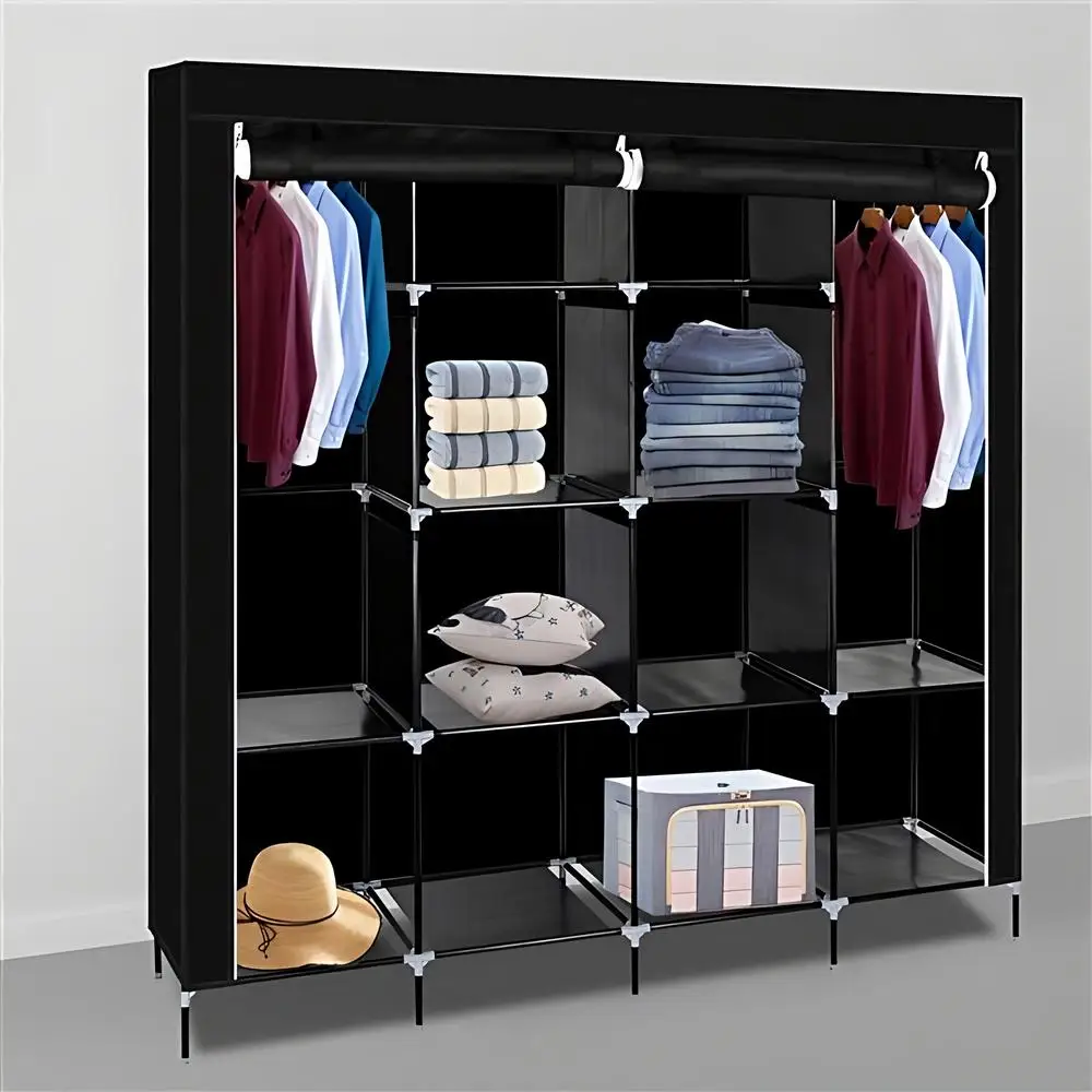 

67" Multi-layer Clothes Closet with Dustproof Cover Portable Wardrobe Clothes Storage Rack 12 Shelves 4 Side Pockets, Black