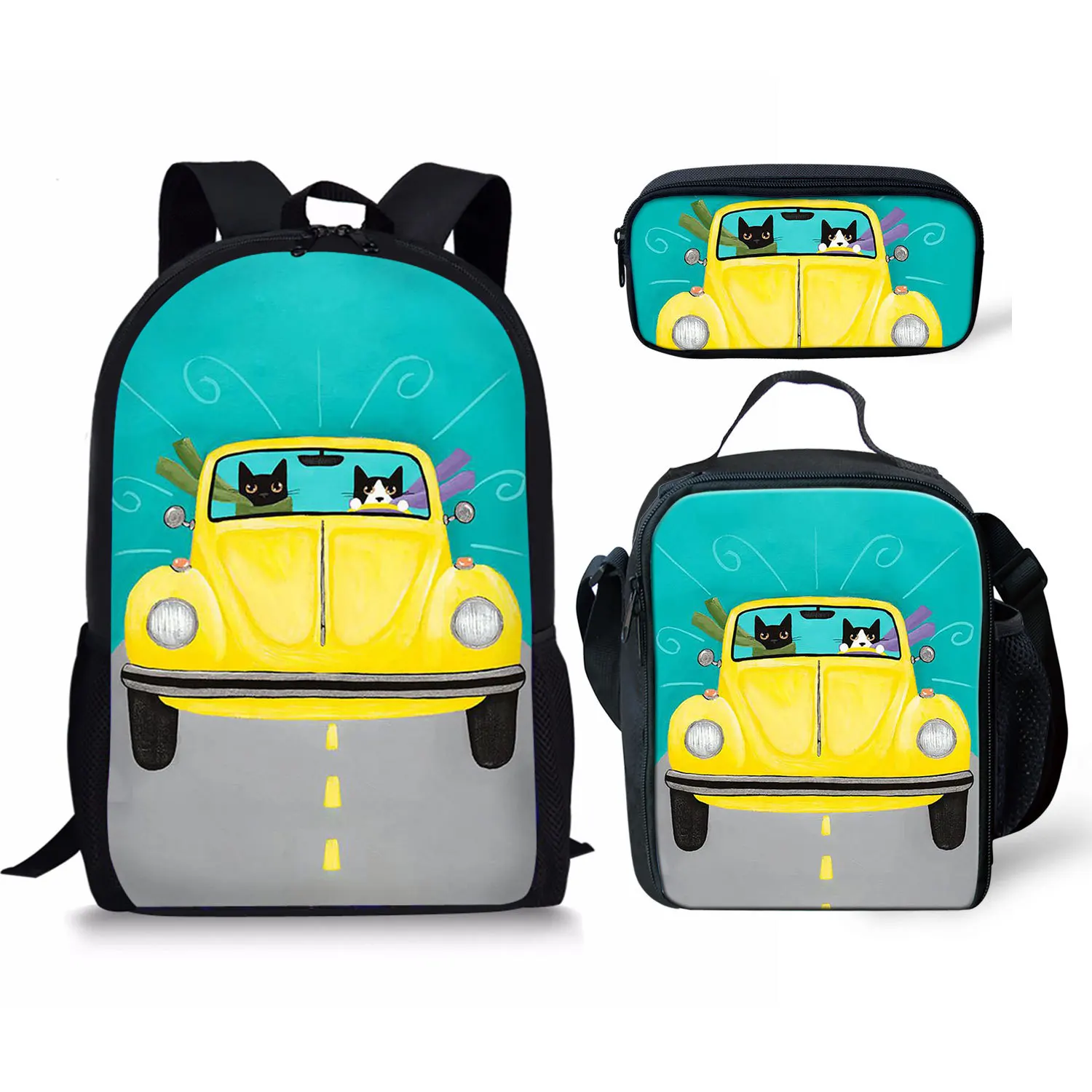 Creative Cartoon Trendy Car 3Pcs/Set School Bag 3D Print Student Campus Daily Book Bag Laptop Daypack Lunch Bag Pencil Bag