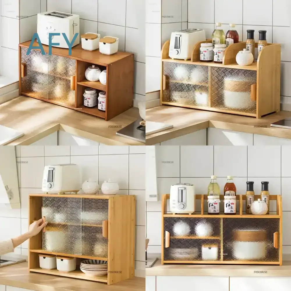 Bamboo Sideboard for Kitchen Storage Shelf for Seasoning Dish Multi-layer Countertop Locker Simple Tableware Storage Box