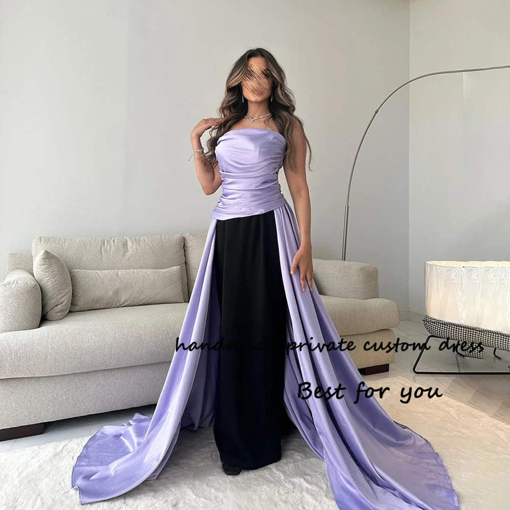 

Lilac Black Mermaid Evening Prom Dresses Pleats Satin Strapless Formal Dress with Train Long Arabian Dubai Occasion Party Gown