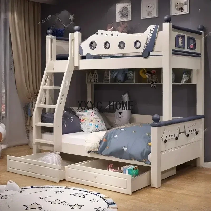 Two-Story  Bunk Small Apartment Bunk Solid Wood Sliding Ladder Double Upper and Lower Bunk Cartoon Aircraft