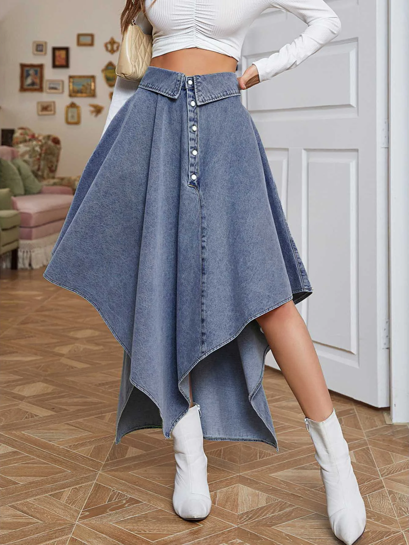 Blue Elegant Denim Midi Skirt,Women's New Spring Autumn Irregular A-line Long Skirt Stylish Cuffed Single-breasted Half Skirt