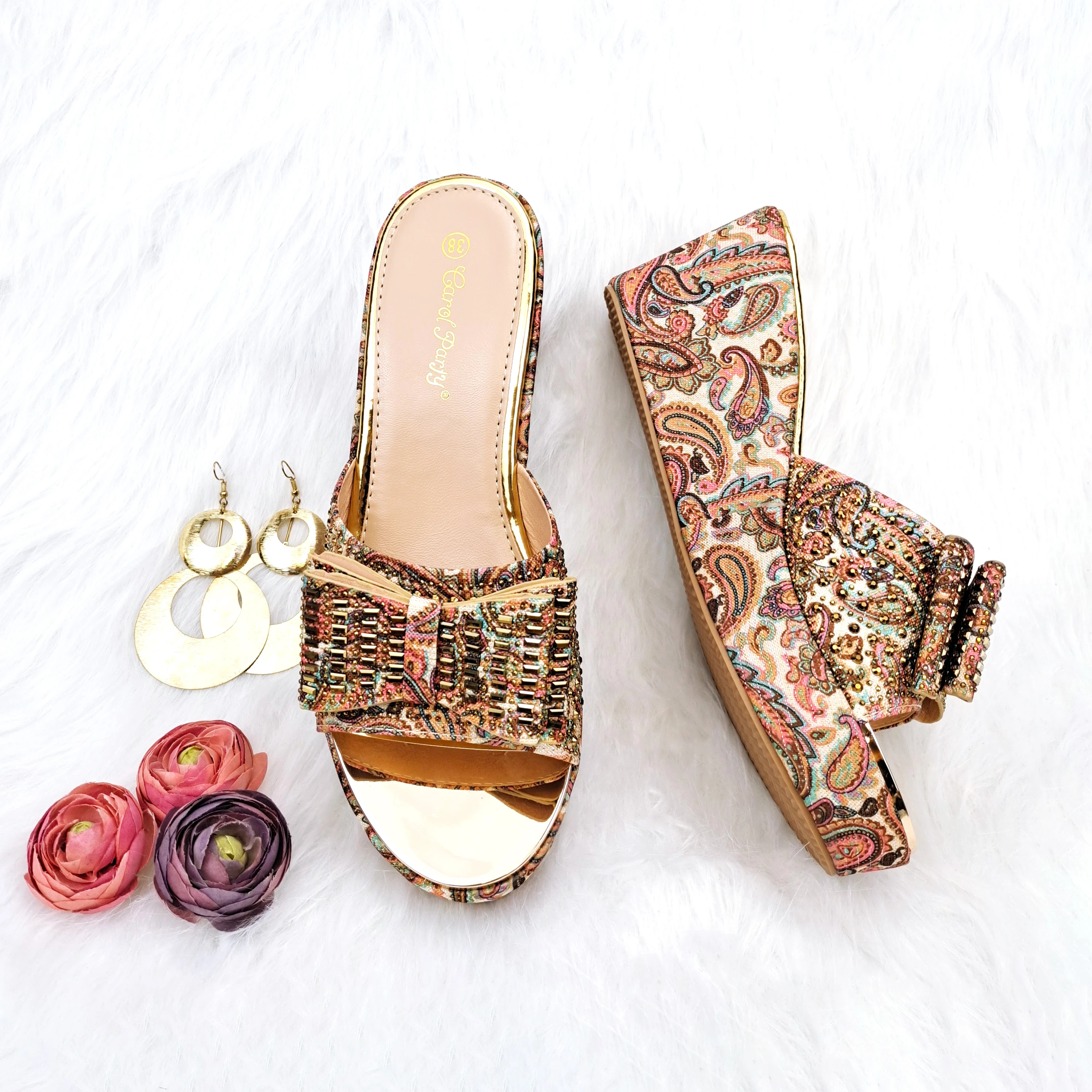 

Nigerian Style Paisley Pattern Grey Color Women's Shoes and Bags Matching Party Fashion and Comfortable Wedges Shoes