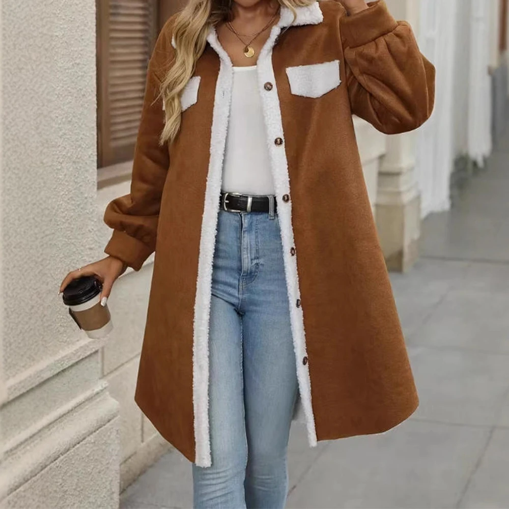 

Элегантная однотонная замшевая куртка, модное свободное женское пальто с открытым воротником и одной пуговицей, теплая осенне-зимняя верхняя одежда