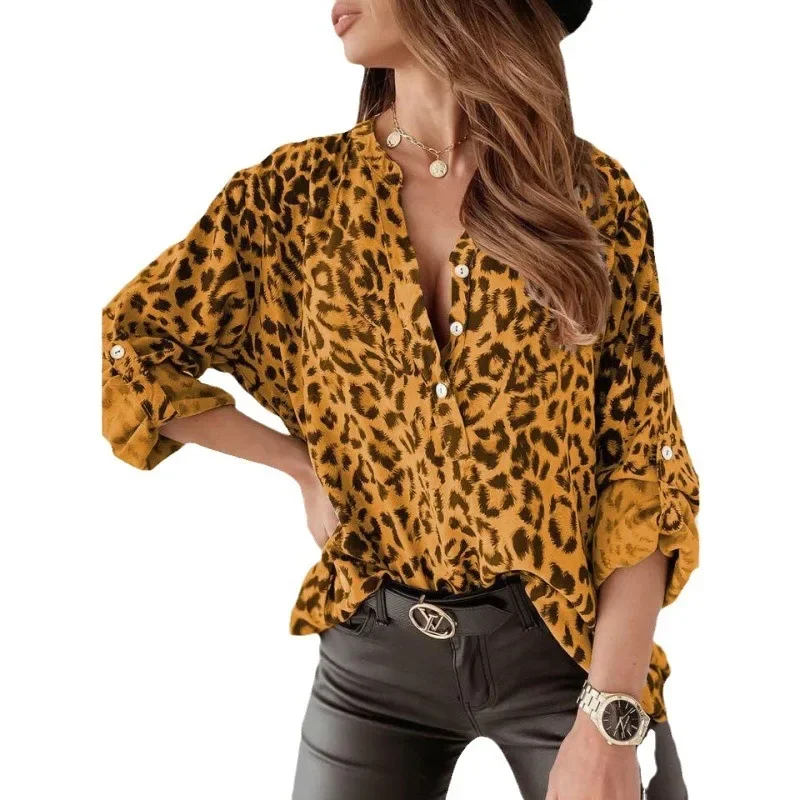 Cardigan feminino com estampa de leopardo, manga comprida, peito único, camisa solta para o outono