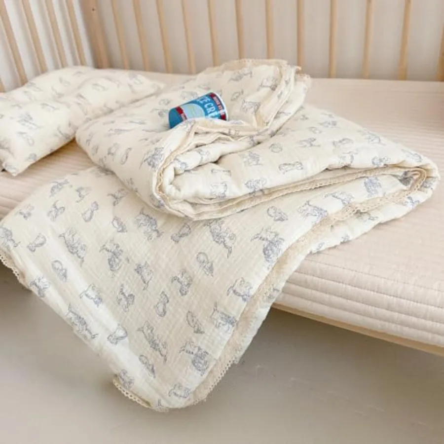 Baby Crib Quilt Cotton Muslin Toddler Blanket for Boys Girls Soft Breathable Toddler Comforter Nursery Quilted Blankets with La