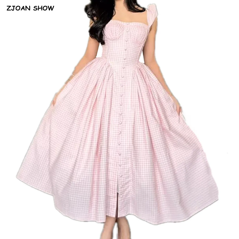 Zoete Roze Plaid Voorste Knop Korte Bladerdeeg Mouw Midi Jurk Vrouwen Boog Sjerpen Lage Taille Ruches A-lijn Swing Lange Jurken vestidos