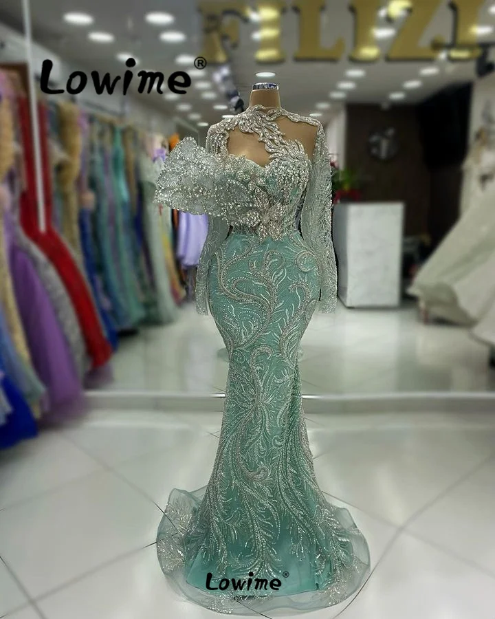 Mint Green Luxury Crystals Long Sleeve Dubai Arabic Evening Dresses 2024 Mermaid Beads Aso Ebi Engagement Gowns Prom Party Dress