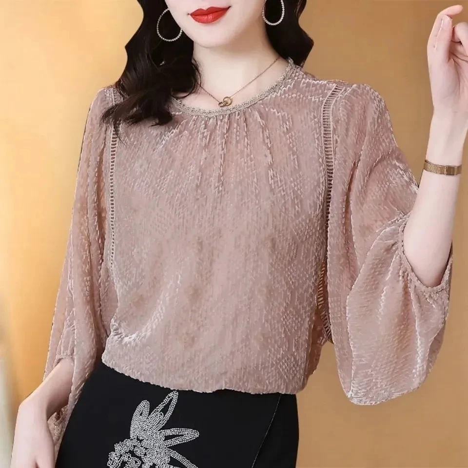 Chiffon Shirt Womens 2024 Summer New Fashion Temperament All-match Casual Blouse Women Large Size Loose Lace Pullover Top