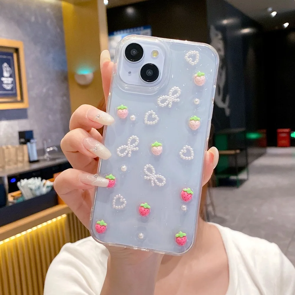 Cute 3D Love Heart Pearl Bowknot Phone Case For iPhone 16 11 12 13 14 Pro Max 15 Plus Korea Girl Soft Cover Epoxy Glitter Shell