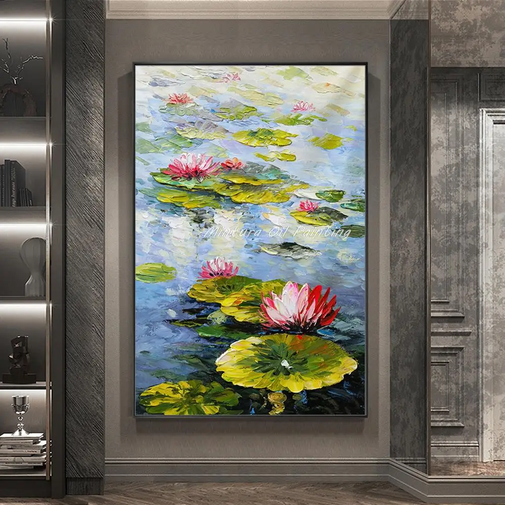 

Mintura Handpainted Palette Knife Lotus Oil Paintings on Canvas Abstract Flowers Wall Art for Living Room Modern Home Decoration