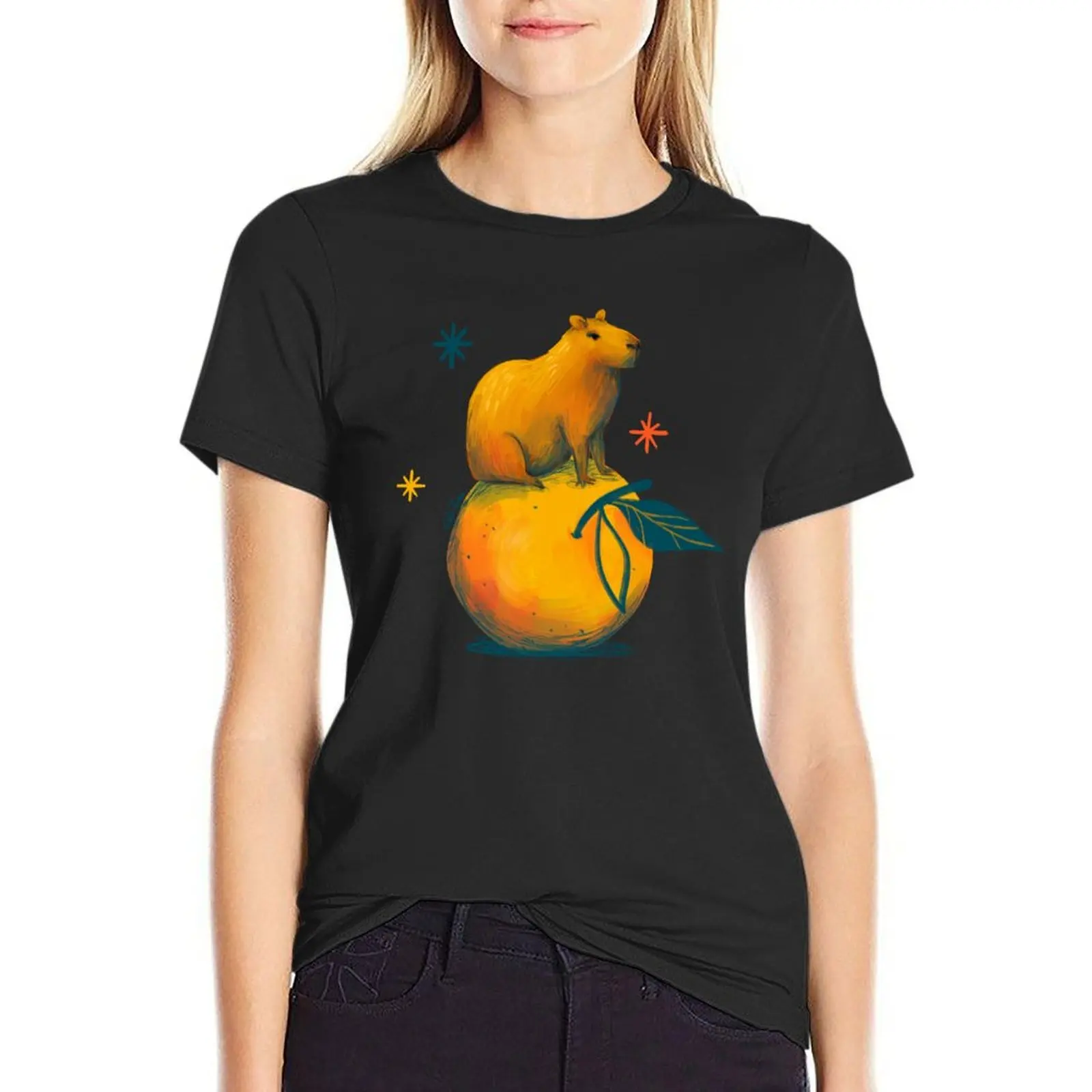 Tiny Capybara on Yuzu Fruit T-Shirt lady clothes vintage clothes Women tops