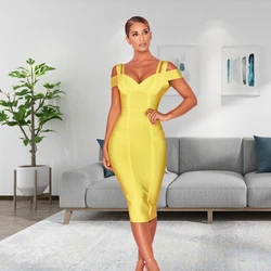 HQBORY 2024 summer women mid-length yellow bandage dress sexy ladies sleeveless strap V-neck bodycon party fashion dress vestido