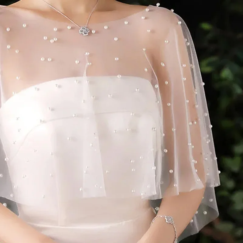 Pearl Beaded Wedding Wrap Sheer Jewel Collar Soft Tulle Front Short Long Back Shawl Marriage Accessories for Women Dress