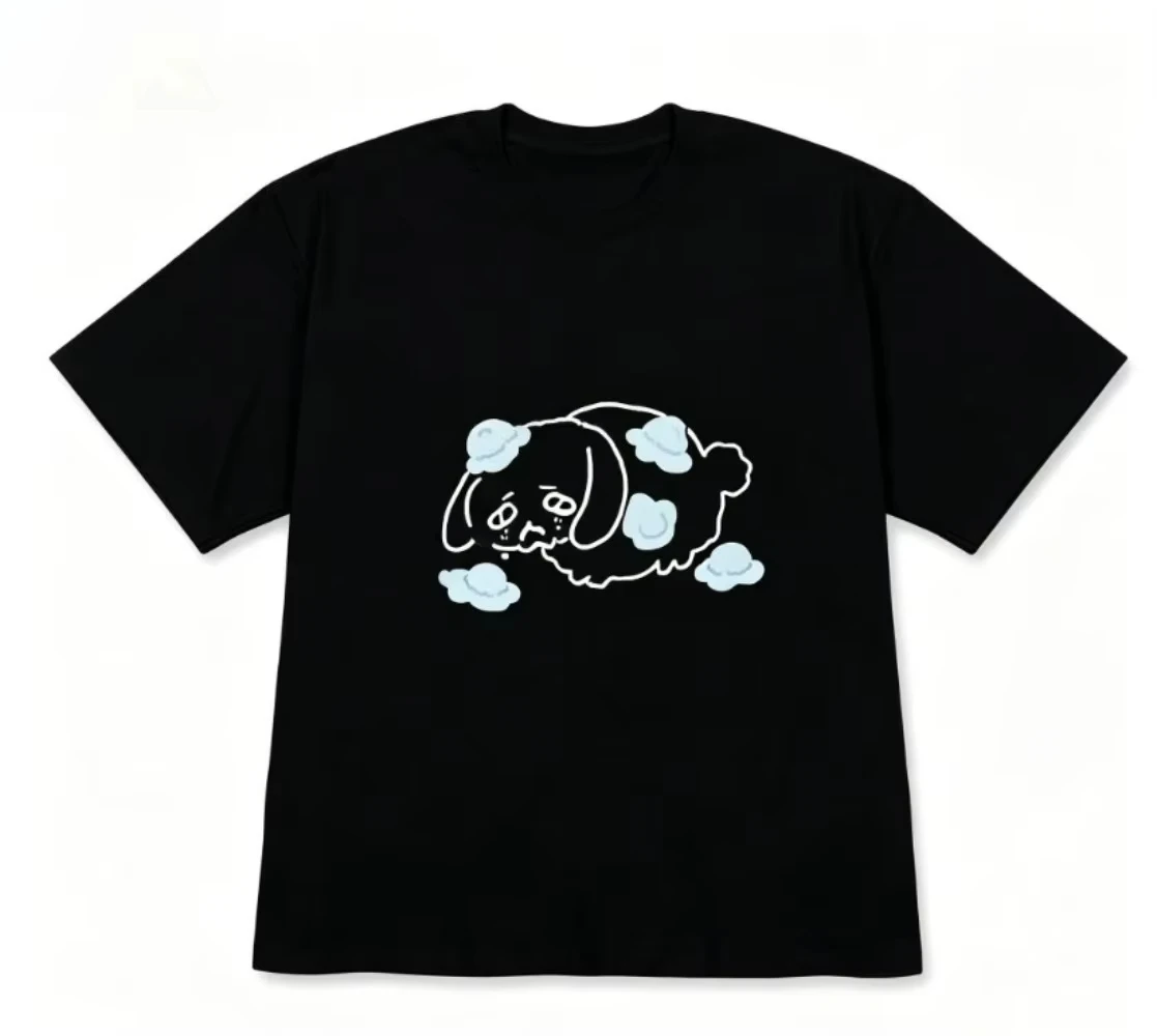Korean Aesthetic Cat & Clover Graphic T-Shirt, Unisex Minimalist Crew Neck Tee, Versatile Y2K Black Short Sleeve Casual Tops