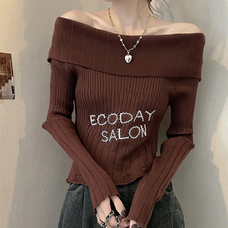 EVNISI Women Slash Neck Office Sweater Jumper Letter Printed Knit Sweaters Irregular Off Shoulder Sexy Pullovers Spring 2024