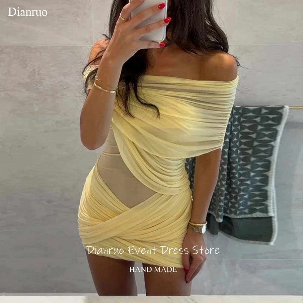 

Dianruo Illusion Yellow Prom Dress Mini Off Shoulder Pageant Dresses For Women Bodycon Asymmetric Birthday Dresses Customized