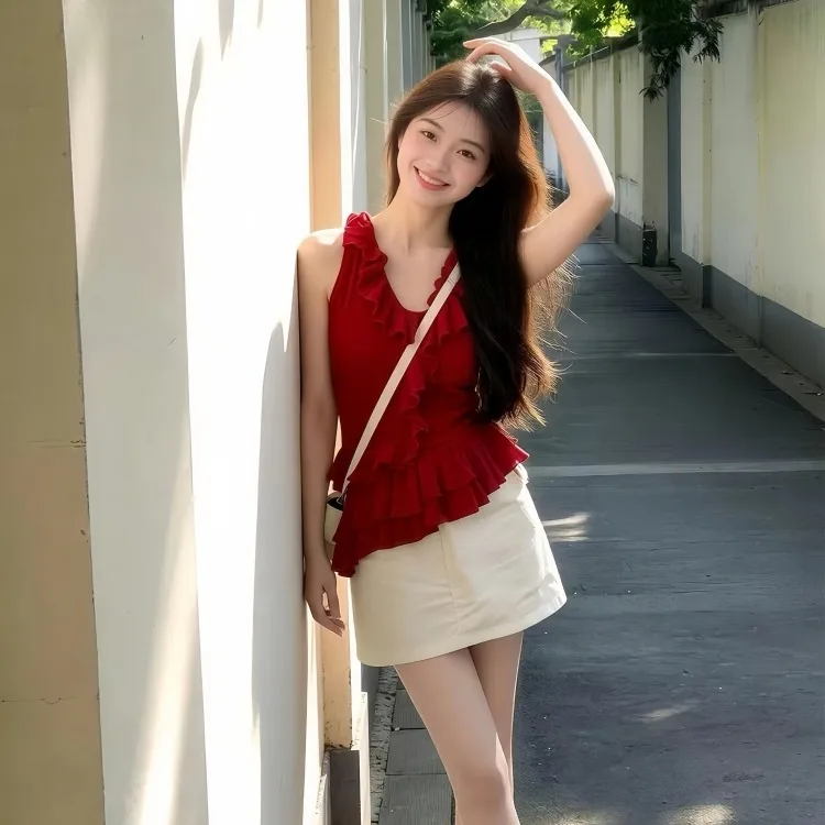 

Women's Summer Faion Set f-length Skirt with Lace Design V-ne Top Two-piece Suit Breathable Polyester Material