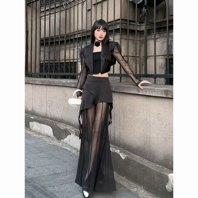 Korean Simple High Waist Hollow Out Black Pants Y2k E-Girl Slim Fit Mesh Long Sleeve Tops Women Grunge Two Piece Sets Skirts