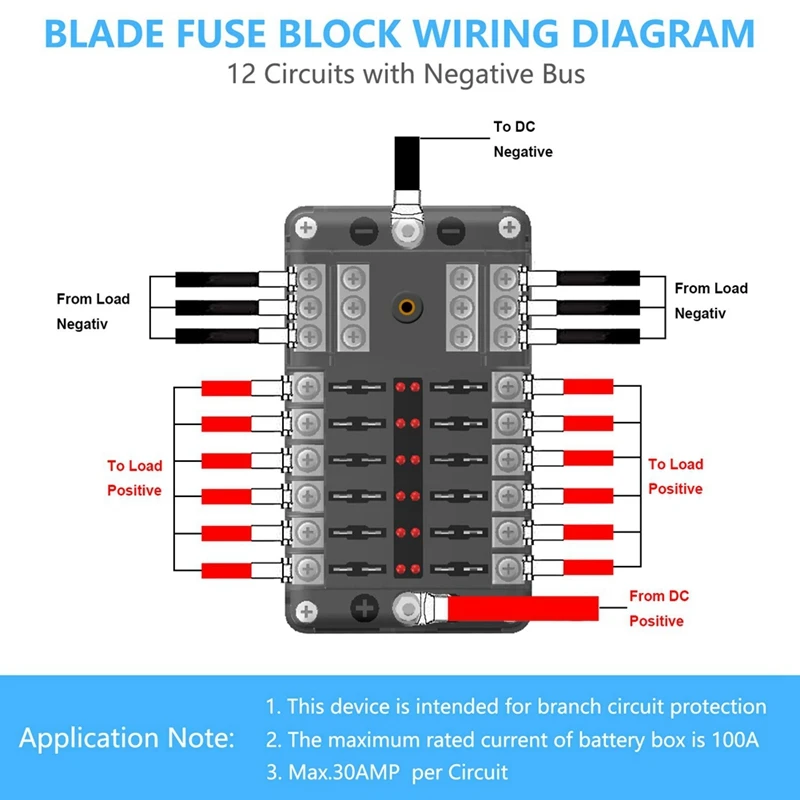 12Volt Blade Fuse Block Holder 12 Circuit W/Negative Bus Waterproof Fuse Box For 12V/24V Automotive Golf Cart