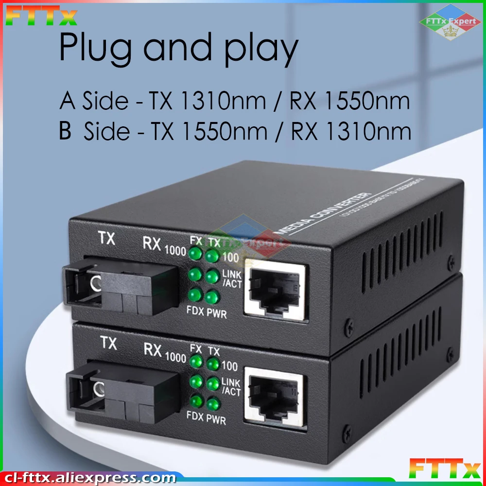 1 Pair HTB-GS-03 Gigabit Fiber Optical Media Converter 10/100/1000Mbps Single Mode to RJ45 20KM With External Power Supply