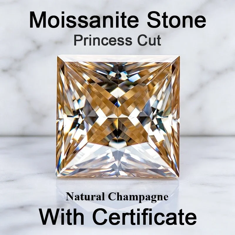 Moissanite Stone Natural Champagne Princess Cut Charms Gemstone for DIY Ring Necklace Earrings Making Materials with Certificate