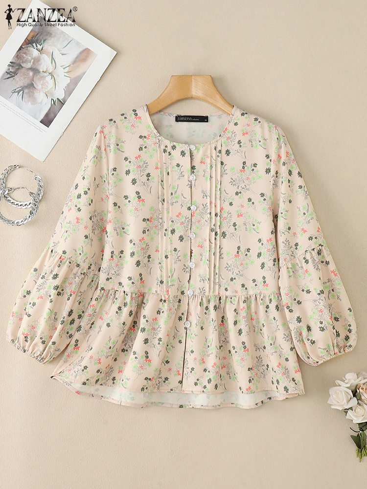 ZANZEA Mode Pintuck Chemise Femme Casual Ditsy Bloemen Gedrukt O-hals Verstoorde Zoom Tops Zomer 3/4 Lantaarn Mouw Dames Shirts