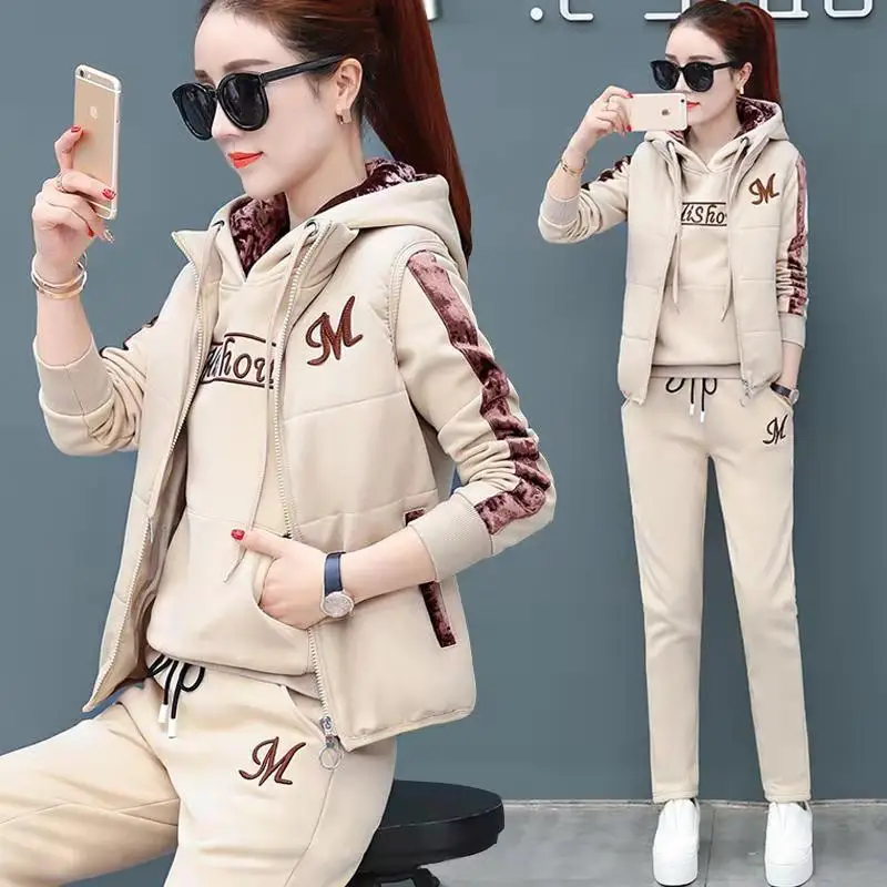 Women 3 Three Pieces Sets Autumn Winter Sweat Suit Sports Suit Hooded Jacket Trouser Vest Fleece Thickened Woman Clothing Trend