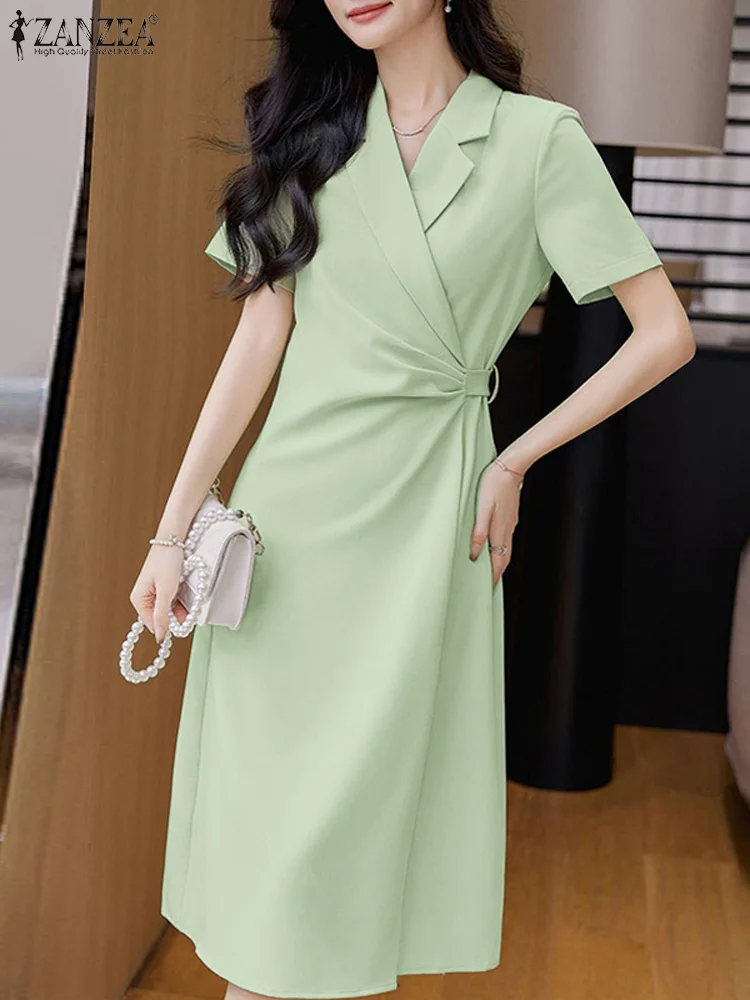 

ZANZEA Elegant Summer Lapel Neck Short Sleeve Blazer Vestido Office Lady Dress Women Fashion Solid Lace Up Knee-length Sundress