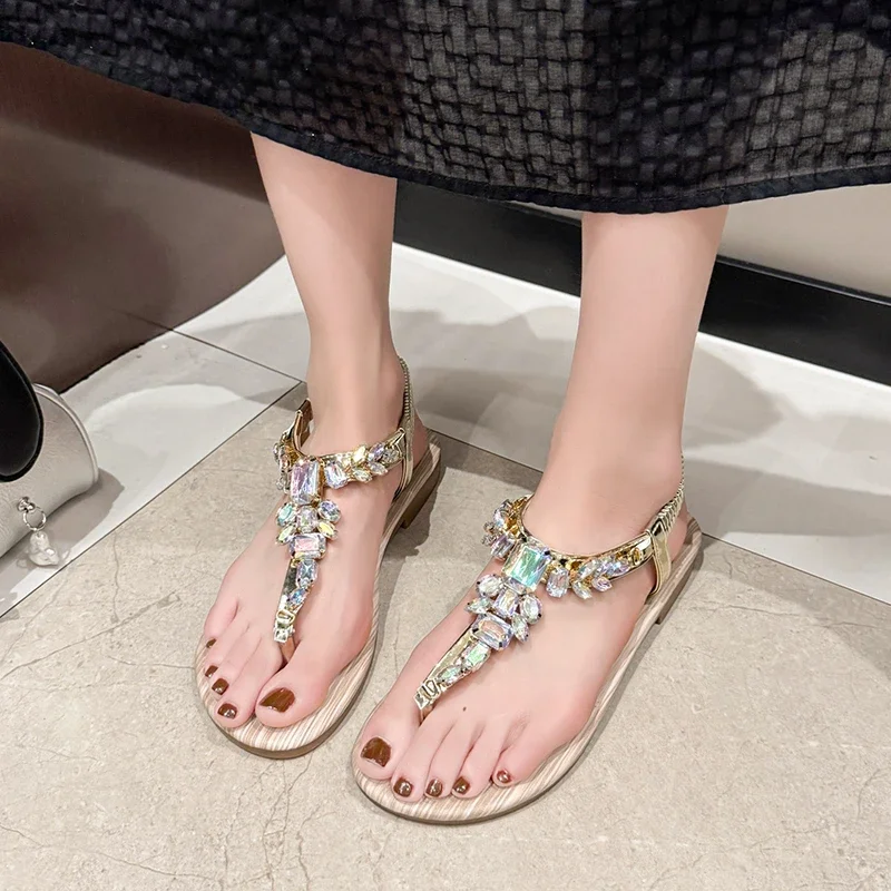 Sandalias de estilo Hada para mujer, zapatos de playa romanos con punta redonda y diamantes de imitación, con fondo plano, estilo bohemio, vacaciones en la playa