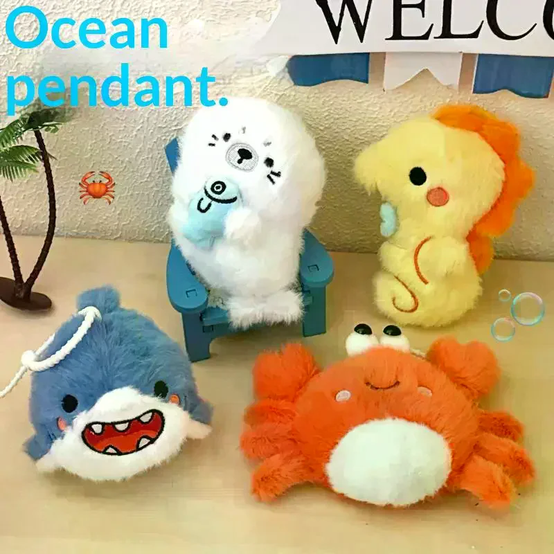 Cute Ocean Animal Plush Keychain Shark Crab Seahorse Seal Mini Fluffy Doll Pendant Bag Hanging Ornament Key Car Decor Kid Gift