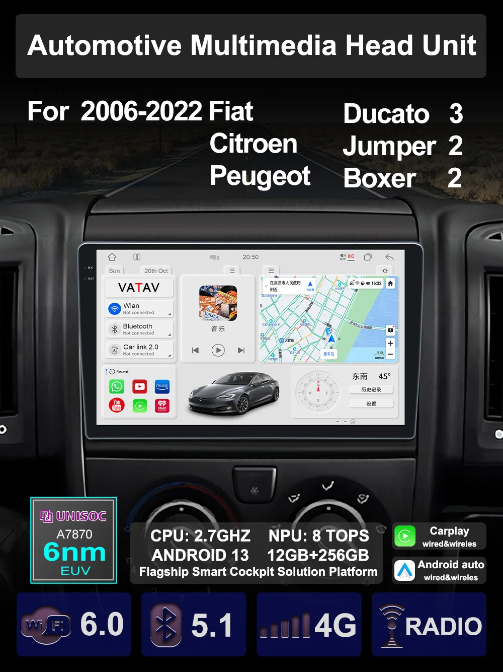 For Fiat Ducato Peugeot Boxer Citroen Jumper 2006-22 Car Android Multimedia Carplay Auto GPS stereo Radio Video Palyer Head Unit