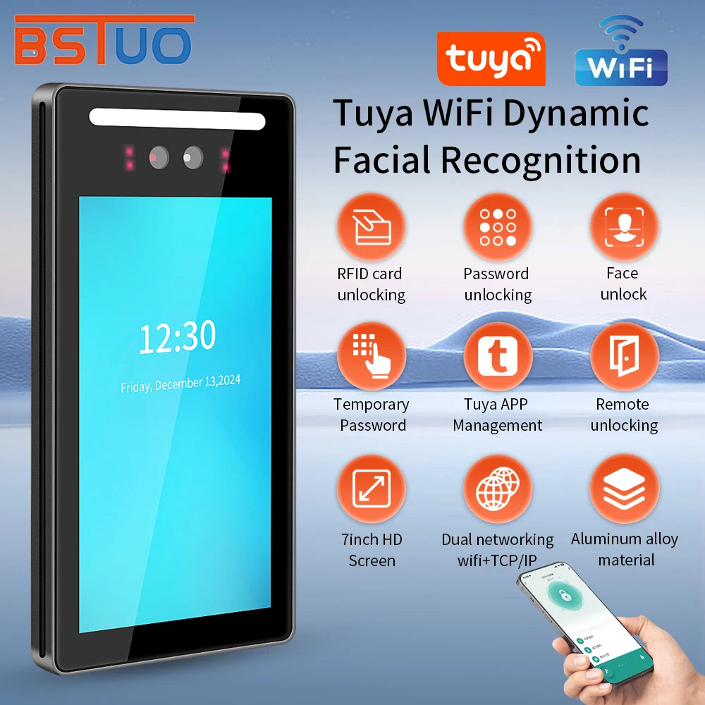 

Tuya 5000 User 7In Free Cloud API Touch Lcd 2MP Camera Biometric Face Recognition Wifi Password Access Control Time Attendance