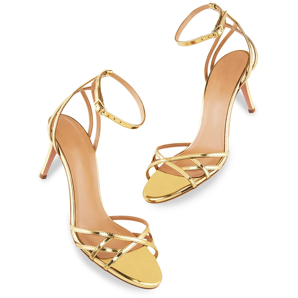 Women\'s Gold Strappy High Heel Summer Sandals Luxury Gold Party Heels Ladies Large Size Ankle Strap Stilettos Shoes 2023 New