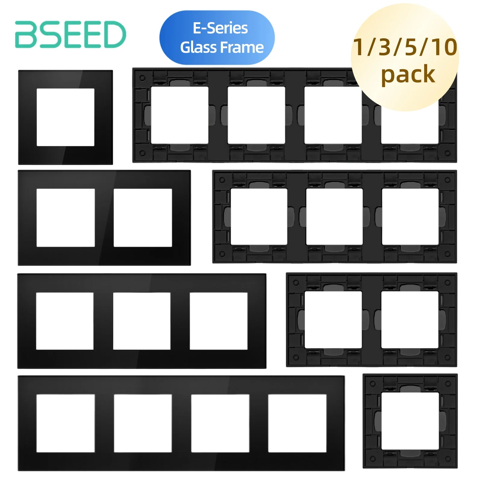 BSEED E-Series EU Standard Only Crystal Glass Panel Function Parts Single Double Triple Frame Black DIY Home Improvement
