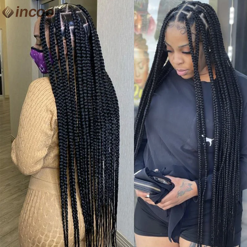 Wig kepang sintetis untuk wanita hitam Wig depan renda penuh Wig kepang kotak tanpa simpul besar 36 "Wig kepang Cornrow Wig Tribal Jumbo